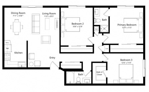 Floor plan for 3 beds, 2 baths, 1163 sqft
